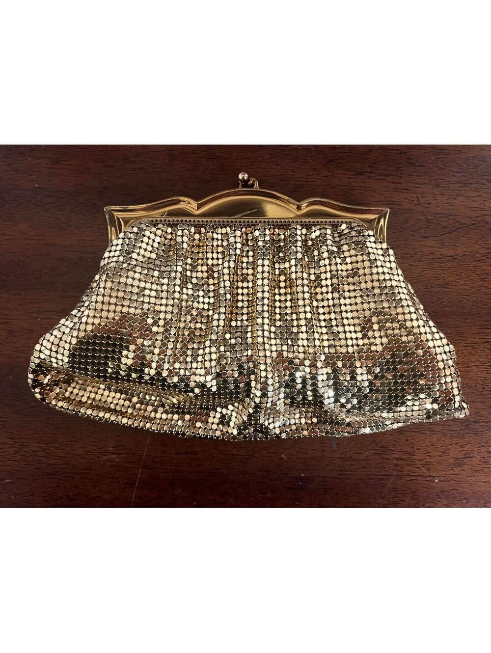 Vintage Whiting & Davis Gold Mesh Clutch Purse Kiss Lock Made in USA